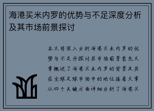 海港买米内罗的优势与不足深度分析及其市场前景探讨